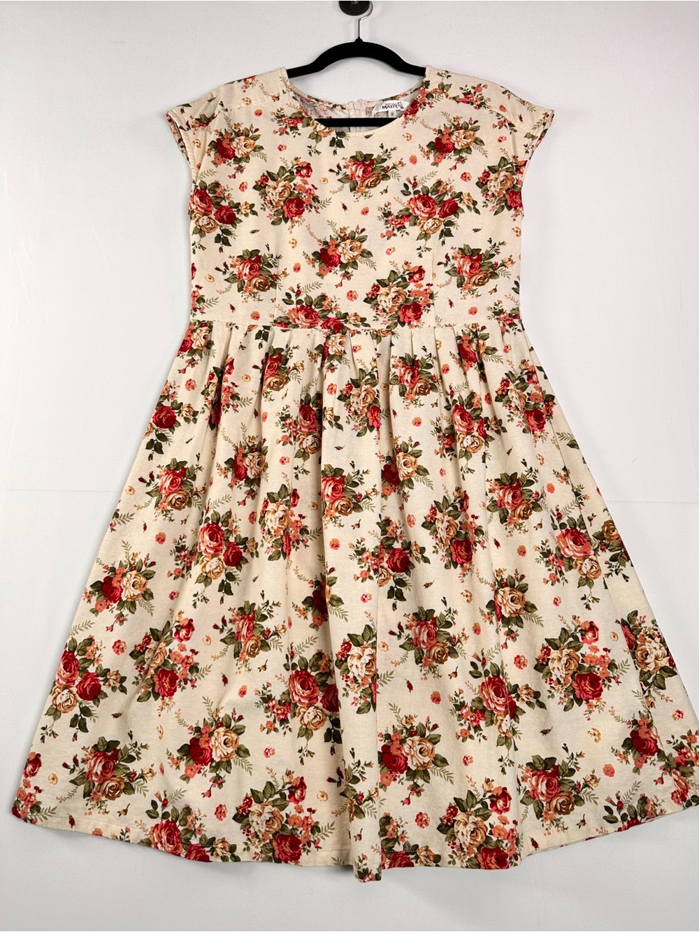 Pink Martini Cream Floral Fit and Flare Cottagecore Midi Dress Rose Print M